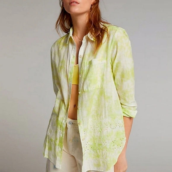 Pilcro The Cate Classic Buttondown Womens Sz XS Green Yellow Watercolor Abstract - Picture 1 of 15
